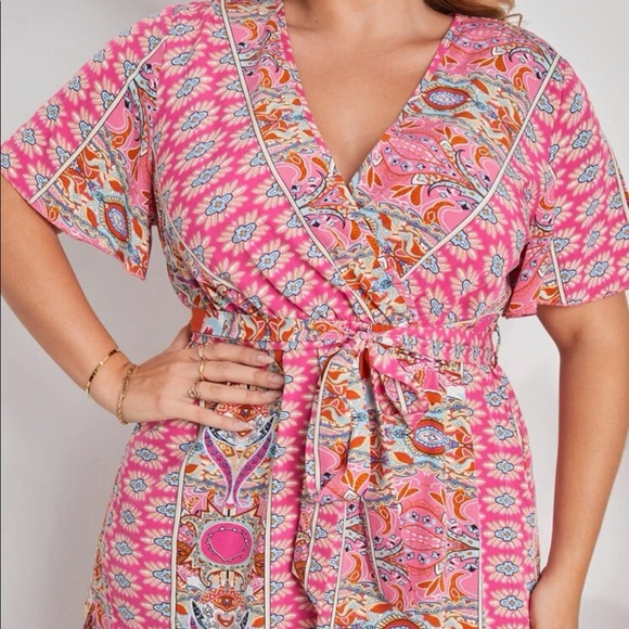 Boho Plus Size Tribal Floral Print Side Slit Belted Maxi Dress Green - Picture 2 of 8